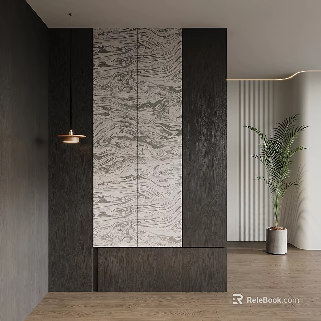 Modern Foyer Hallway Design With Marble Wall Panel Hanging Pendant Light And Palm Plant 3d model 