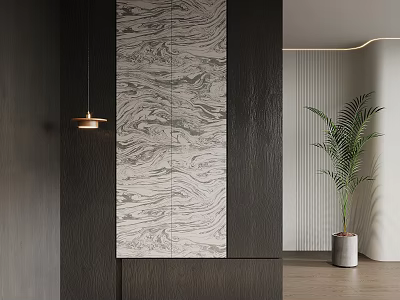 Modern Foyer Hallway Design With Marble Wall Panel Hanging Pendant Light And Palm Plant 3d model