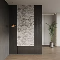 Modern Foyer Hallway Design With Marble Wall Panel Hanging Pendant Light And Palm Plant