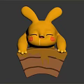 Yellow Cartoon Rabbit Character With Red Cheek Mark Lying On Brown Base With Pink Flower