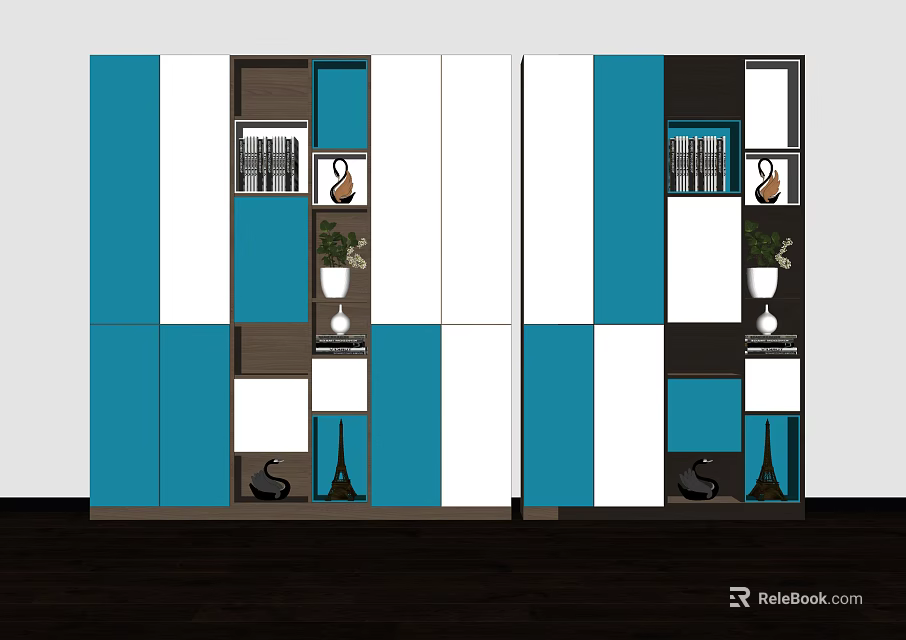 Modern Colorful Blue White Panel Bookcase Design With Books Vase Plant And Storage Shelves 3d model 