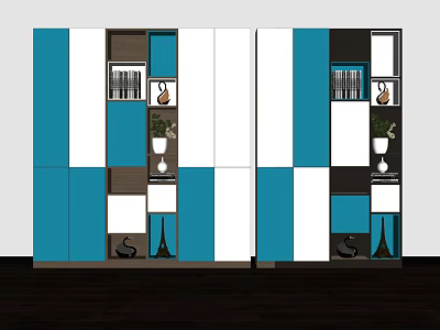 Modern Colorful Blue White Panel Bookcase Design With Books Vase Plant And Storage Shelves 3d model