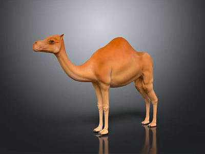 Realistic 3D Rendered Brown Dromedary Camel Standing On Gray Background With Reflection 3d model
