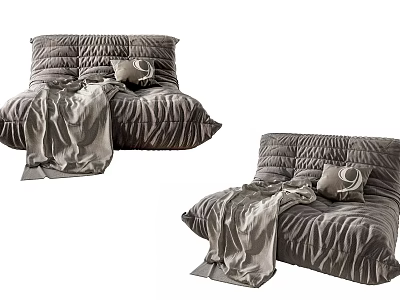 Comfortable Gray Bean Bag Sofa with Crumpled Design Soft Blanket and Pillow 3d model