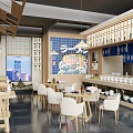 Modern Restaurant Interior With Bar Counter White Bowls And Wine Bottles