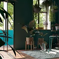 Indoor Potted Plants on Windowsill with Various Flower Pots and Green Wall