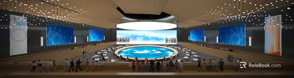 Modern Conference Room Interior With Circular Meeting Table Large Screen Display And Flags 3d model