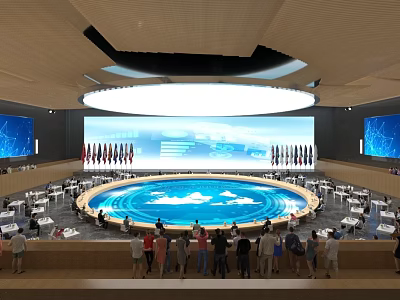 Modern Conference Room Interior With Circular Meeting Table Large Screen Display And Flags 3d model
