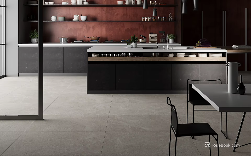 Modern Open Concept Kitchen With Dark Cabinets White Countertop And Red Accent Wall 3d model