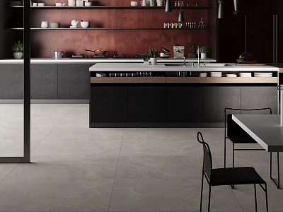 Modern Open Concept Kitchen With Dark Cabinets White Countertop And Red Accent Wall 3d model