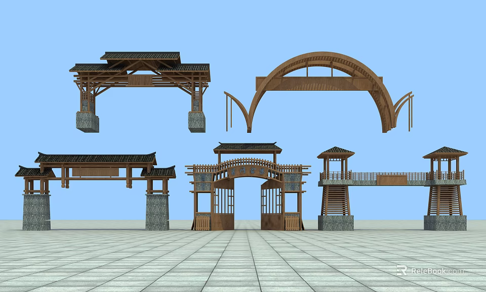 Traditional Chinese Entrance Gates With Wooden Frames Arched Designs And Stone Bases 3d model 