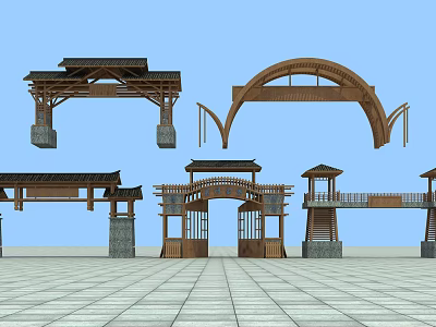 Traditional Chinese Entrance Gates With Wooden Frames Arched Designs And Stone Bases 3d model