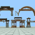 Traditional Chinese Entrance Gates With Wooden Frames Arched Designs And Stone Bases