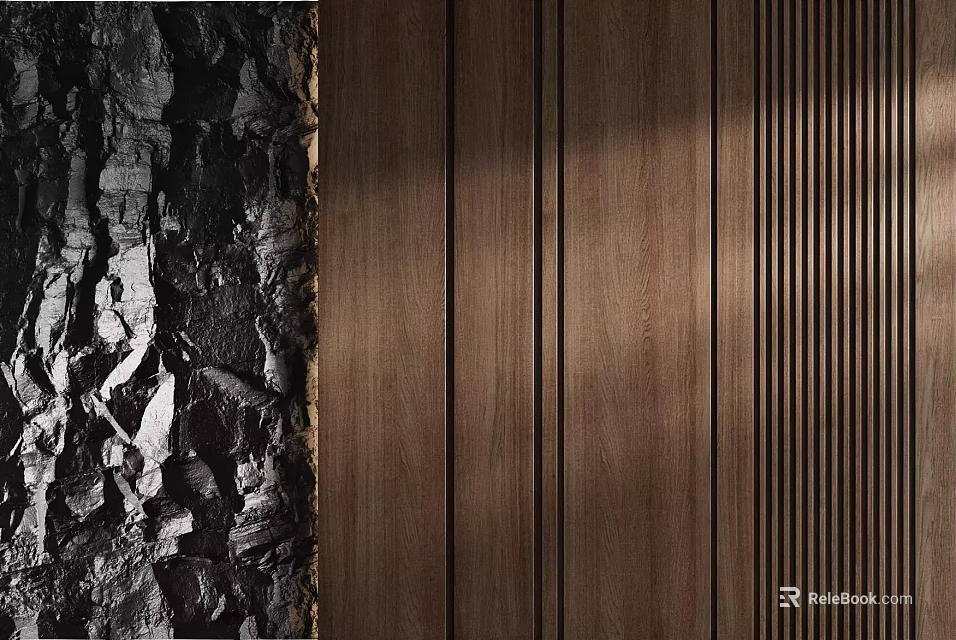 Modern Black Textured And Wooden Vertical Stripes Background Wall Design 3d model 