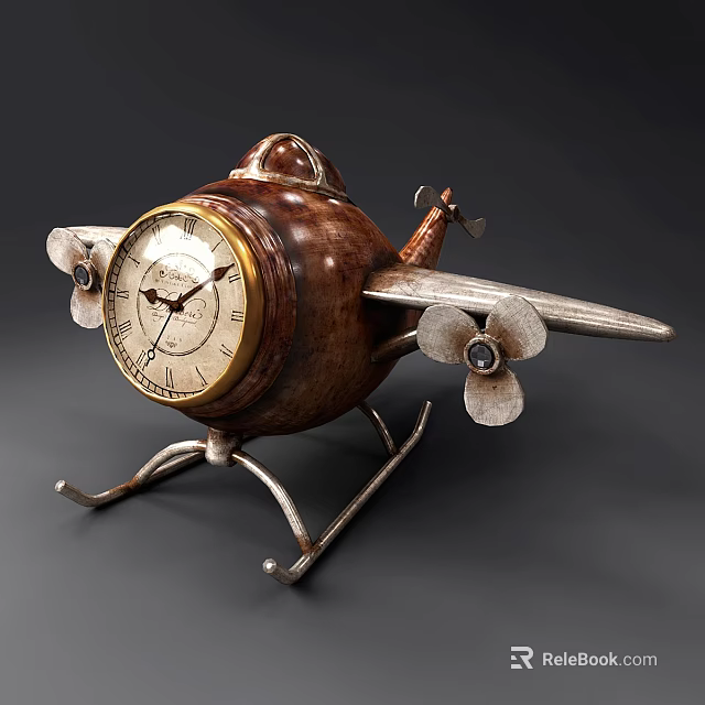 Vintage Airplane Shaped Clock With Brass Roman Numeral Dial Metal Propellers And Wooden Body 3d model 