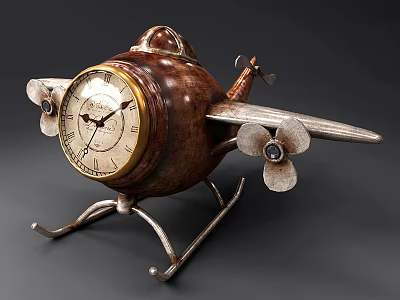 Vintage Airplane Shaped Clock With Brass Roman Numeral Dial Metal Propellers And Wooden Body 3d model