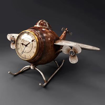 Vintage Airplane Shaped Clock With Brass Roman Numeral Dial Metal Propellers And Wooden Body 3d model