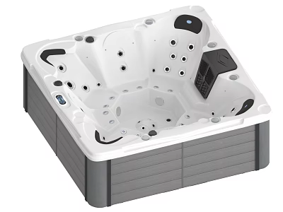 Square Jacuzzi Bathtub With White Interior Gray Exterior Panels Multiple Massage Jets And Control Panel 3d model