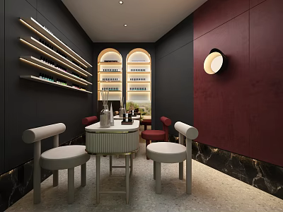 Modern Beauty Salon Interior With Red Dark Walls Round Table And White Chairs Wall Shelves 3d model