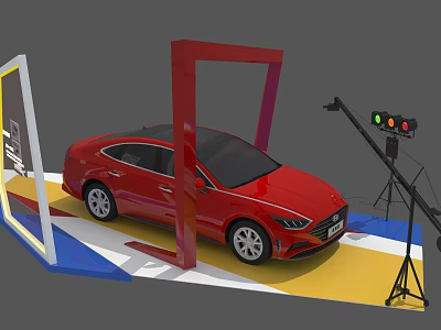 Red Sedan Car On Colorful Display Stand With Red Frame And Lighting Equipment 3d model