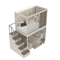 Stylish Kids Bunk Bed with Stairs Gold Railings Safety Net and Floral Wallpaper