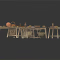 Rustic Wooden Dining Table Set With Bench Baskets Plates Jars And Tableware Items