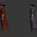 Men in Western Style Outfits with Cowboy Hats and Long Coats in Different Colors