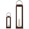 Wooden Brown Candle Lanterns With Metal Handle And White Candles For Home Decor