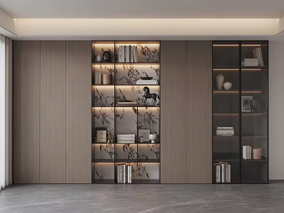 Modern Bookcase Design With Lighting Glass Doors Decorative Items And Books 3d model