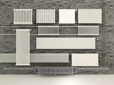 Various Types of Radiators with Different Designs Mounted on Stone Wall 3d model