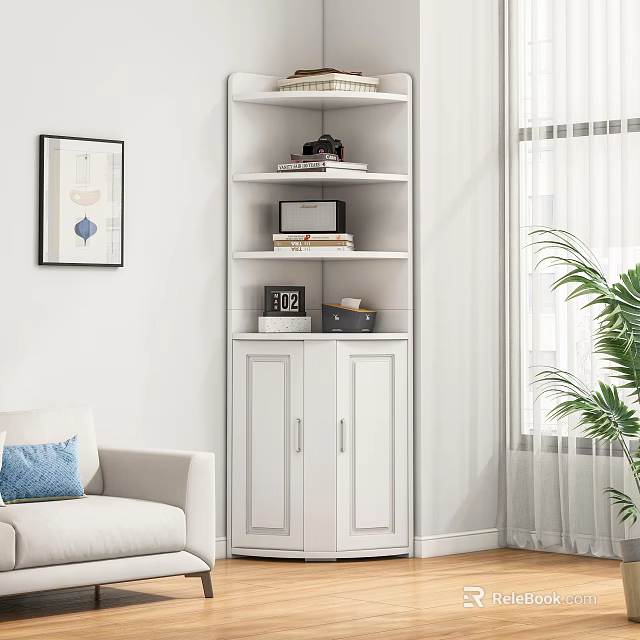 White Storage Shelf Cabinet with Multiple Shelves Books and Decorative Items in Modern Living Room 3d model 