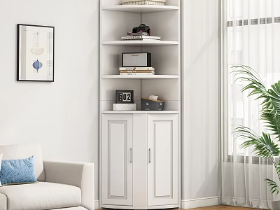 White Storage Shelf Cabinet with Multiple Shelves Books and Decorative Items in Modern Living Room 3d model