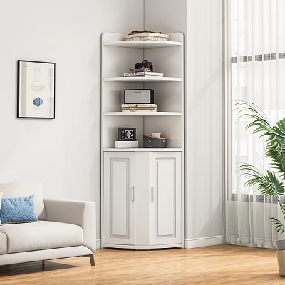 White Storage Shelf Cabinet with Multiple Shelves Books and Decorative Items in Modern Living Room 3d model