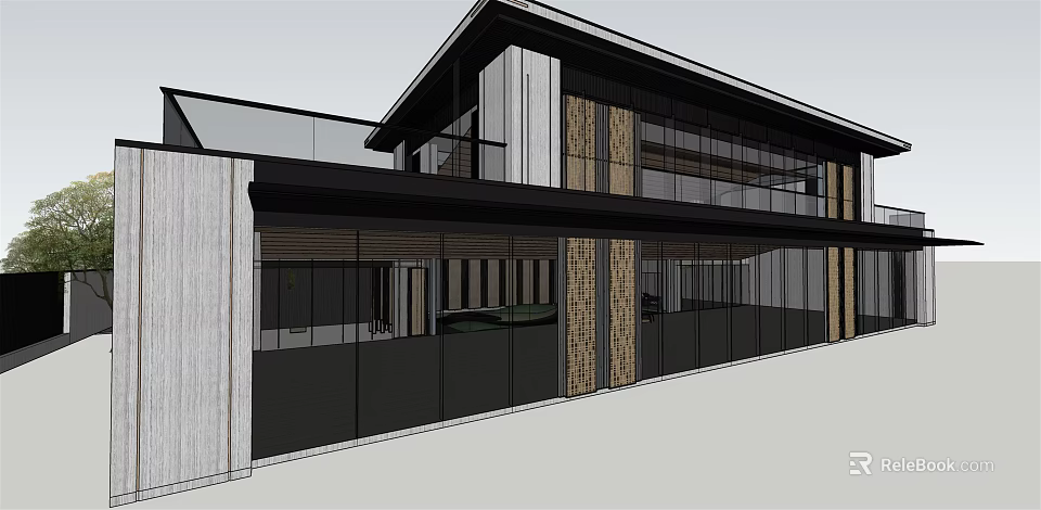 Modern Glass Facade Sales Office Building With Wooden Columns And Open Design 3d model 
