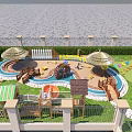 Kids Playground with Slide Thatched Umbrellas Wooden Cabin Water Pool Grass Lawn and Sea View