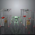 Green Robot Standing Between Metal Racks With Red Items And Yellow Crates