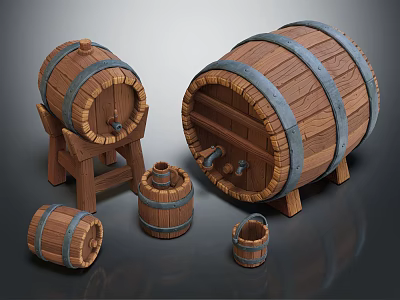 Vintage Wooden Barrel Decorative Ornament Set With Various Sizes And Wooden Stand 3d model