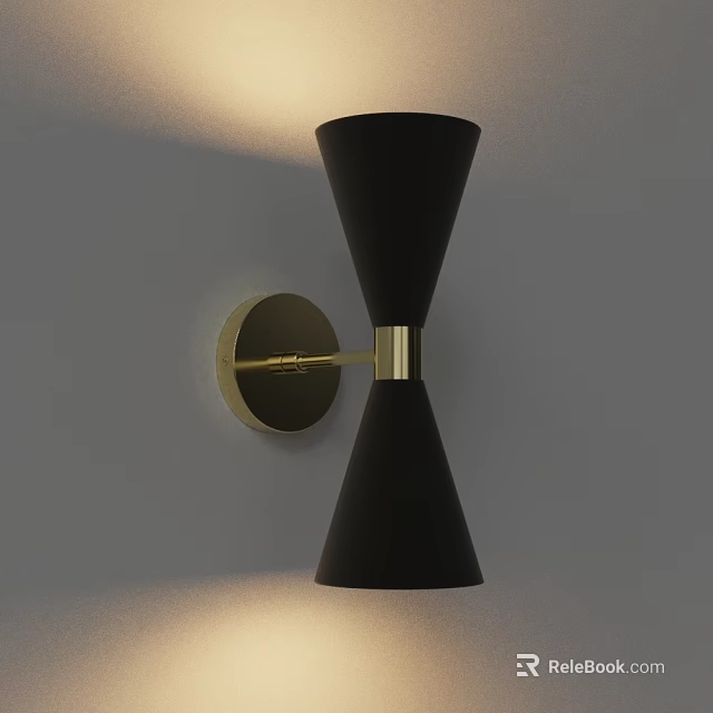 Modern Black Wall Light With Gold Metal Bracket And Illuminating Effect On Gray Wall 3d model 