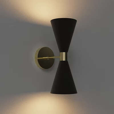Modern Black Wall Light With Gold Metal Bracket And Illuminating Effect On Gray Wall 3d model