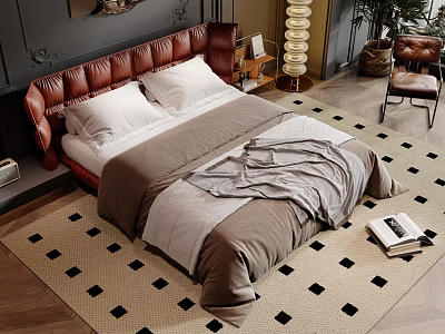 Elegant Double Bed with Leather Headboard White Pillows and Gray Bedding on Diamond Rug 3d model