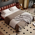 Elegant Double Bed with Leather Headboard White Pillows and Gray Bedding on Diamond Rug