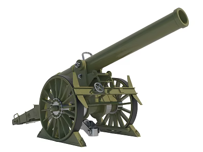 Vintage Green Military Cannon With Large Wheels And Long Barrel 3d model