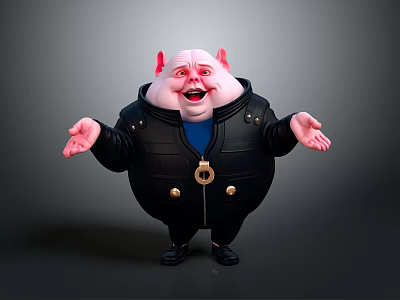 Chubby Cartoon Pig Character With Red Ears Black Jacket Open Arms Exaggerated Expression Gold Buttons 3d model