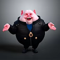 Chubby Cartoon Pig Character With Red Ears Black Jacket Open Arms Exaggerated Expression Gold Buttons