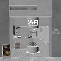 Cafe Interior Design with Sit Down Sign Gray Walls Lighting Counter and Staircase