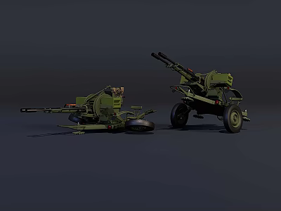 Two Green Military Artillery Weapons With Different Designs And Wheel Structures 3d model