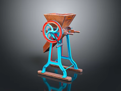 Vintage Grain Grinder With Blue Metal Frame Red Wheel Wooden Hopper And Base 3d model