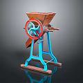 Vintage Grain Grinder With Blue Metal Frame Red Wheel Wooden Hopper And Base