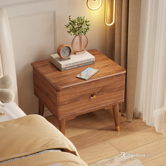 Wooden Bedroom Nightstand With Drawer Alarm Clock Stacked Books Green Plant Vase And Magazine 3d model 