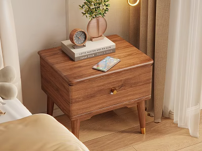 Wooden Bedroom Nightstand With Drawer Alarm Clock Stacked Books Green Plant Vase And Magazine 3d model